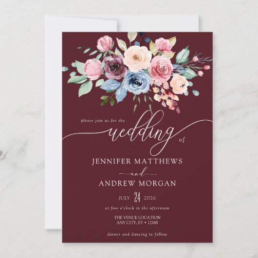 Elegant Burgundy Blue Flowers QR Code Wedding Einladung (Vorderseite)