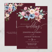 Elegant Burgundy Blue Flowers QR Code Wedding Einladung (Vorne/Hinten)