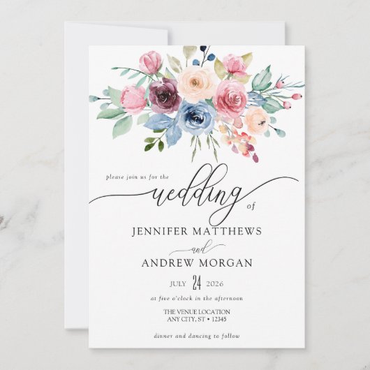 Elegant Burgundy Blue Flowers QR Code Wedding Einladung (Vorderseite)