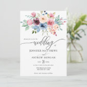 Elegant Burgundy Blue Flowers QR Code Wedding Einladung (Stehend Vorderseite)