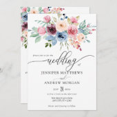 Elegant Burgundy Blue Flowers QR Code Wedding Einladung (Vorne/Hinten)