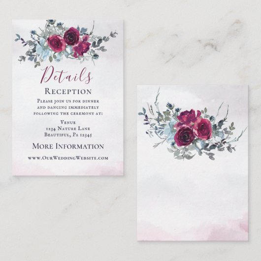 Elegant Burgundy Blue White Roses Wedding Begleitkarte (Vorne/Hinten)