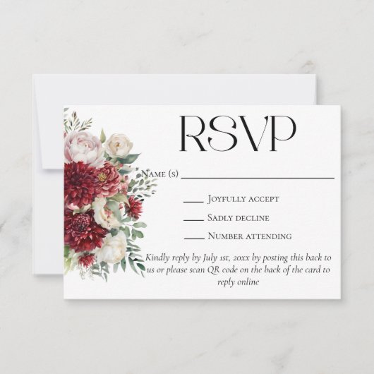 Elegant Burgundy Blume QR Code Wedding Website RSVP Karte (Vorderseite)
