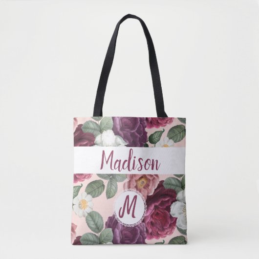 Elegant Burgundy Blume Trendy Initial Monogram Tasche (Vorderseite)
