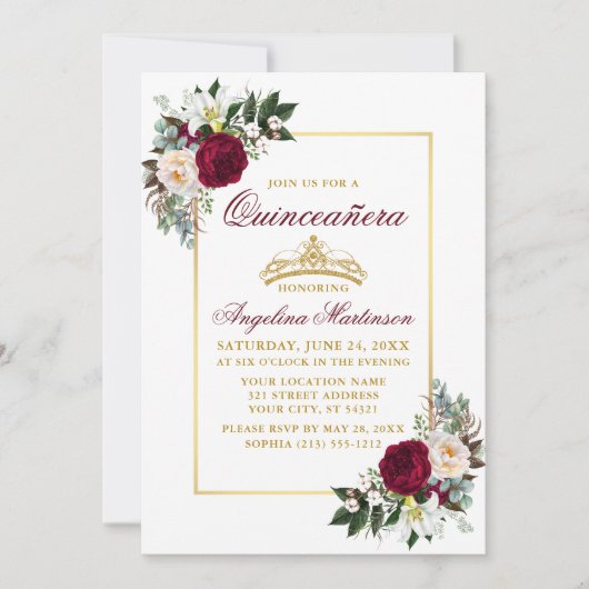 Elegant Burgundy Blumengrün Quinceanera Gold Einladung (Vorderseite)