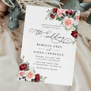 Elegant Burgundy Blush Blumengrün Hochzeit Einladung