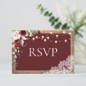 Elegant Burgundy Blush Botanical Wood Wedding RSVP (Stehend Vorderseite)