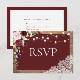 Elegant Burgundy Blush Botanical Wood Wedding RSVP Karte