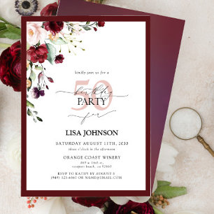 Elegant Burgundy Blush Floral 50. Geburtstag Einladung