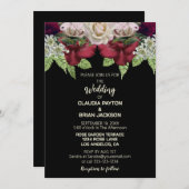 Elegant Burgundy Blush Floral Black Wedding Einladung (Vorne/Hinten)