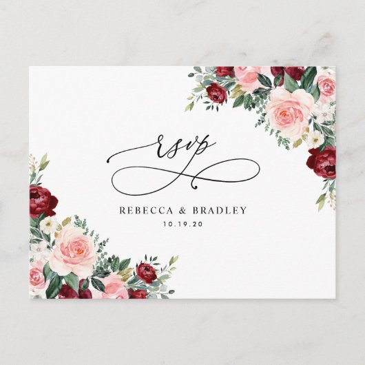 Elegant Burgundy Blush Floral Wedding Rsvp Postkarte (Vorderseite)