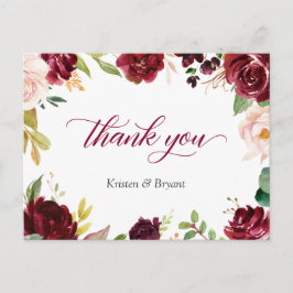 Elegant Burgundy Blush Floral Wedding Vielen Dank Postkarte