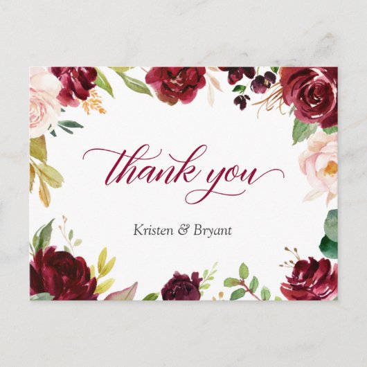 Elegant Burgundy Blush Floral Wedding Vielen Dank Postkarte (Vorderseite)