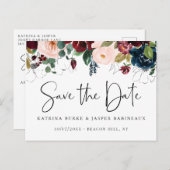 Elegant Burgundy Blush Navy Floral Save the Date Ankündigungspostkarte (Vorne/Hinten)