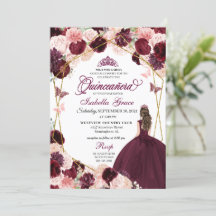 Elegant Burgundy Blush Pink Floral Quinceanera Inv