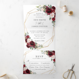 Elegant Burgundy Blush Pink Floral Wedding RSVP Dreifach Gefaltete Einladung