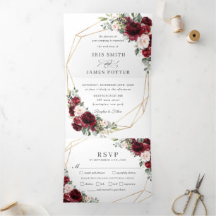 Elegant Burgundy Blush Pink Floral Wedding RSVP Dreifach Gefaltete Einladung