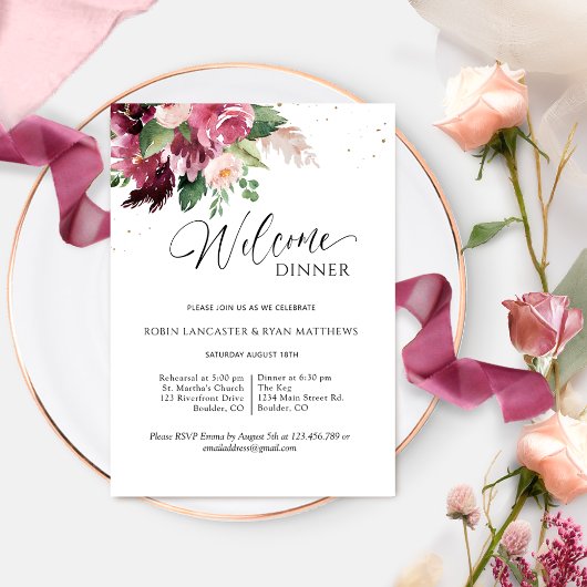 Elegant Burgundy Blush Pink Welcome Dinner Einladung
