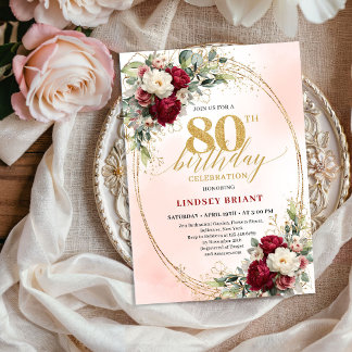 Elegant Burgundy Boho Botanical 80th Birthday   Einladung