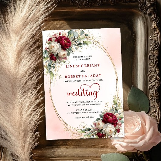 Elegant Burgundy Boho Botanical Wedding Invitation Einladung