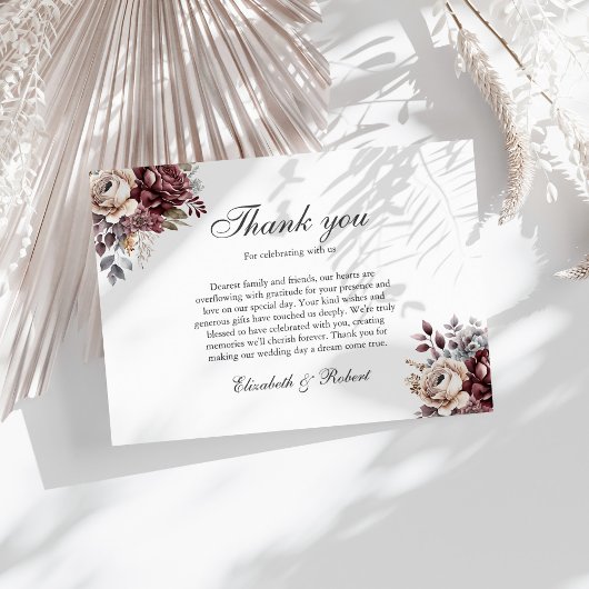 Elegant Burgundy Boho Floral Wedding Dankeskarte