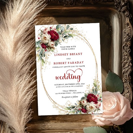 Elegant Burgundy Boho Floral Wedding Invitation Einladung