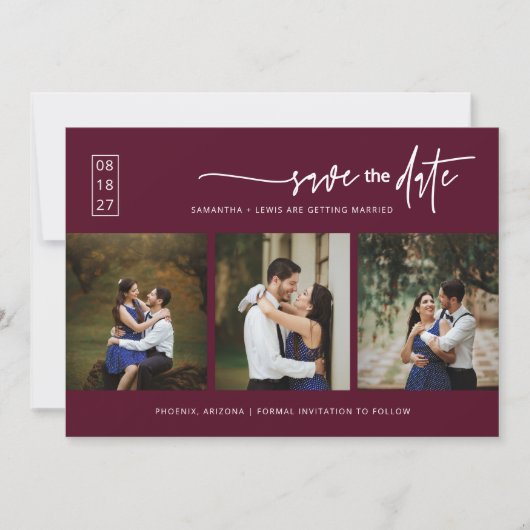 Elegant Burgundy Boho Save the Date QR Code Foto Einladung (Vorderseite)