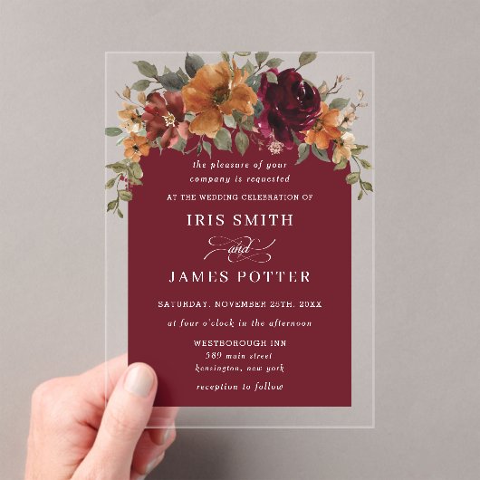 Elegant Burgundy Burnt Orange Rust Floral Wedding Acryleinladungen (Insitu (Handheld))