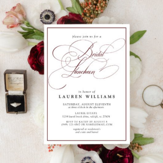 Elegant Burgundy Calligraphy Bridal Luncheon Einladung