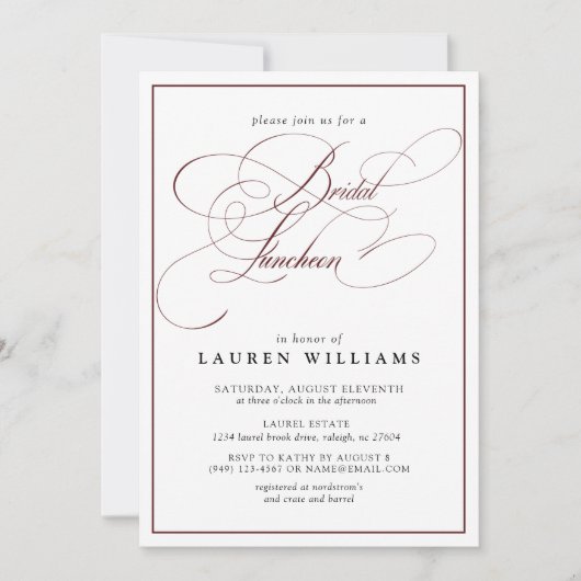 Elegant Burgundy Calligraphy Bridal Luncheon Einladung (Vorderseite)
