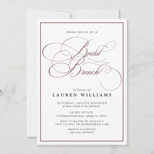 Elegant Burgundy Calligraphy Formal Bridal Brunch Einladung (Vorderseite)