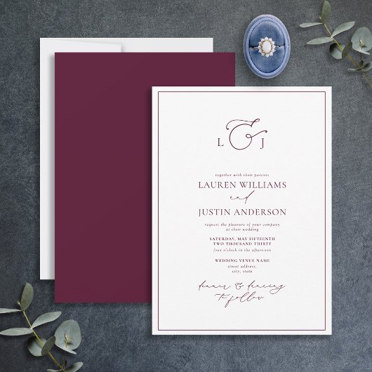 Elegant Burgundy Calligraphy Monogram Wedding Einladung