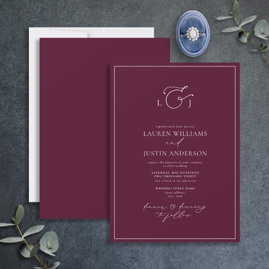 Elegant Burgundy Calligraphy Monogram Wedding Einladung