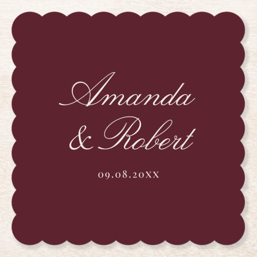 Elegant Burgundy Calligraphy Wedding Untersetzer (Vorderseite)