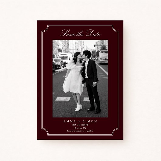 Elegant Burgundy Double Frame Photo Save the Date Dankeskarte