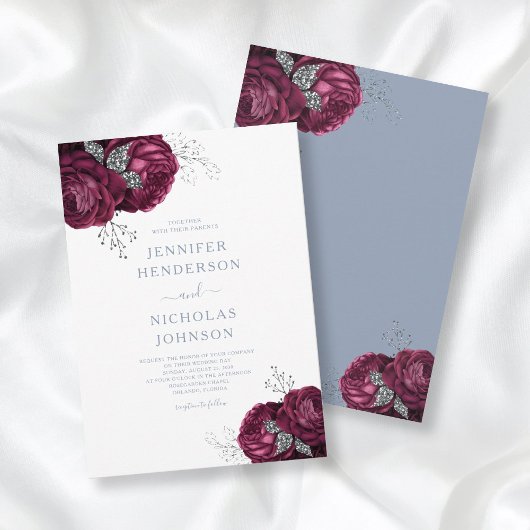 Elegant Burgundy Dusty Blue Floral Wedding Einladung