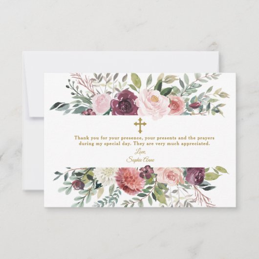 Elegant Burgundy Elfenbeinküste Gold Taufe Dankeskarte (Vorderseite)