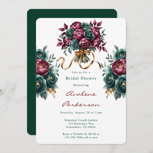 Elegant Burgundy Emerald Peony Brautparty Einladung (Vorne/Hinten)