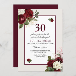 Elegant Burgundy Floral 30. Geburtstag Party Einladung