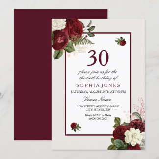 Elegant Burgundy Floral 30. Geburtstag Party Einladung