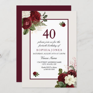 Elegant Burgundy Floral 40. Geburtstags-Party Einladung