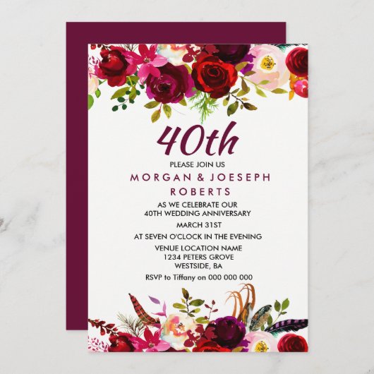 Elegant Burgundy Floral 40. Hochzeitstag Einladung (Vorne/Hinten)