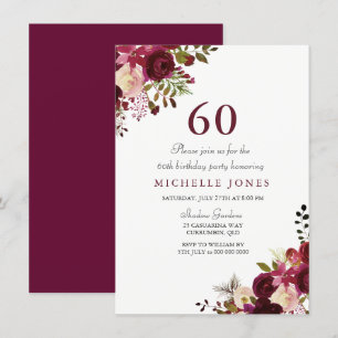 Elegant Burgundy Floral 60. Geburtstag Einladung