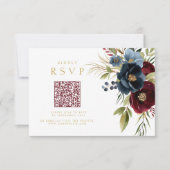 Elegant Burgundy Floral Bloom QR Code Hochzeit RSV RSVP Karte (Vorderseite)