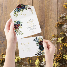 Elegant Burgundy Floral Blooms & Greenery wedding All In One Einladung