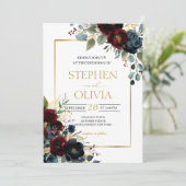 Elegant Burgundy Floral Blooms wedding QR details Einladung (Stehend Vorderseite)