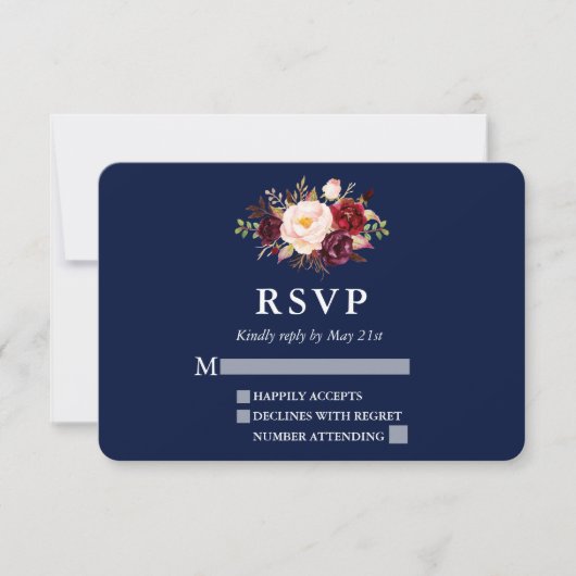 Elegant Burgundy Floral Blue Wedding RSVP (Vorderseite)