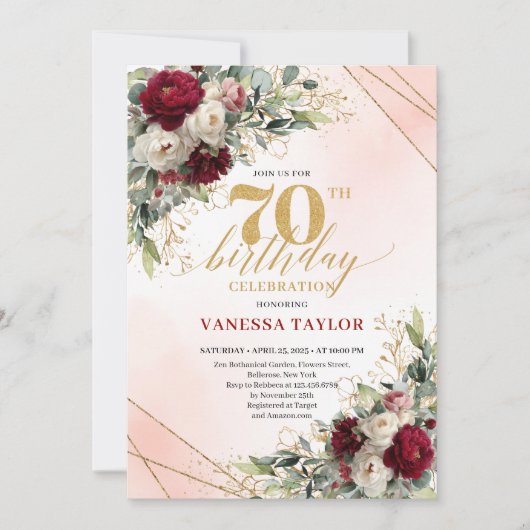 Elegant Burgundy Floral Boho Milestone Invitation Einladung (Vorderseite)