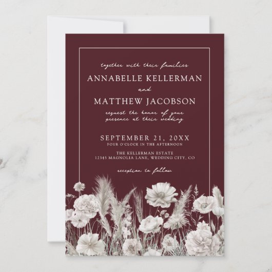 Elegant Burgundy Floral Boho Wedding Einladung (Vorderseite)