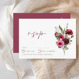 Elegant Burgundy Floral Bouquet Wedding RSVP Karte